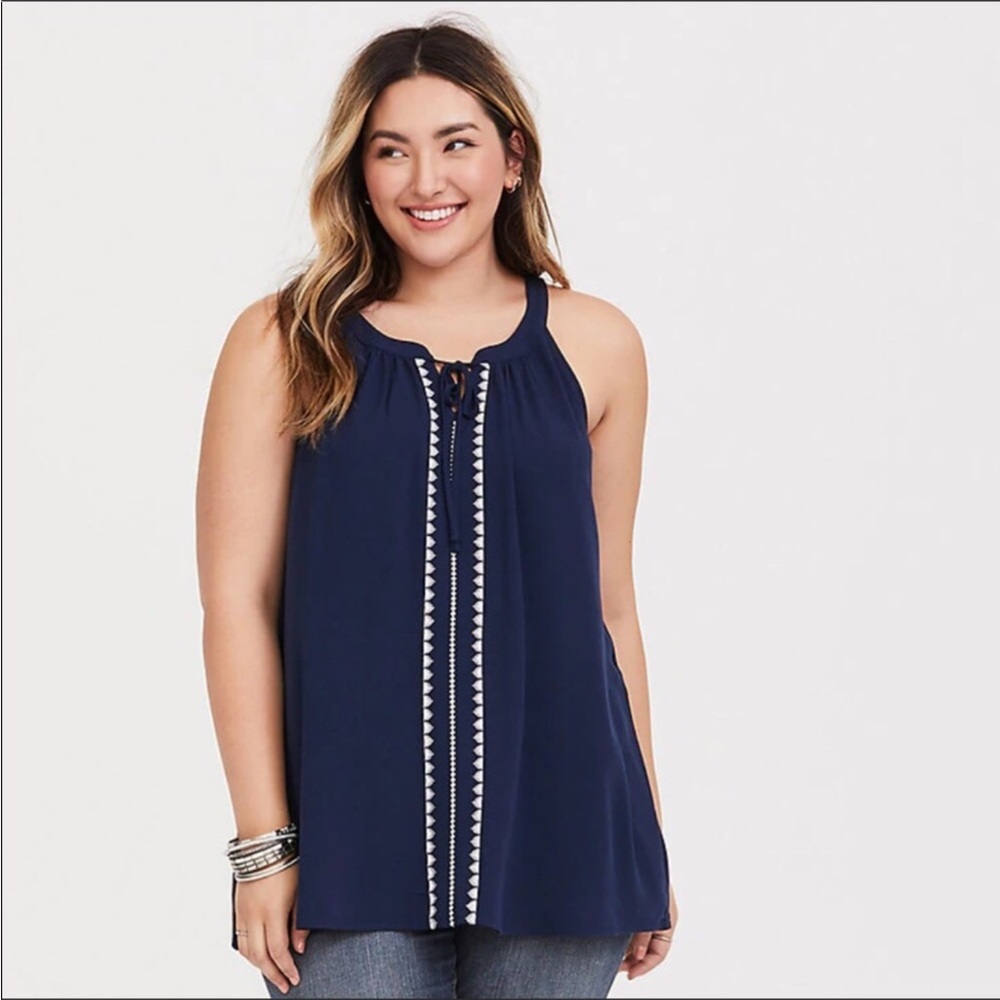 Navy Embroidered Crepe Tank